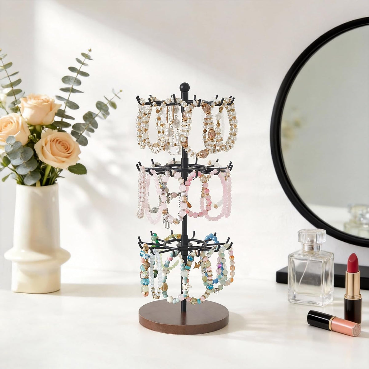 Mkono 3-Tier Bracelet Display Holder Brown Rotating Jewelry Organizer Stand
