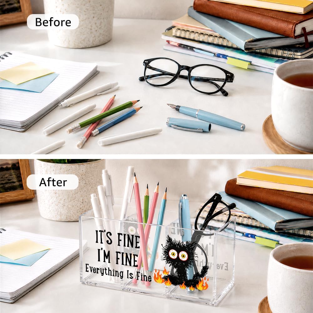 It's Fine 3 Compartment Acrylic Makeup Organizer & Pen Holder, Black Cat Cosmetic Storage Box for Lipstick Brushes Skincare, Desk Organizer for Office School Vanity, Office Gifts for Coworker