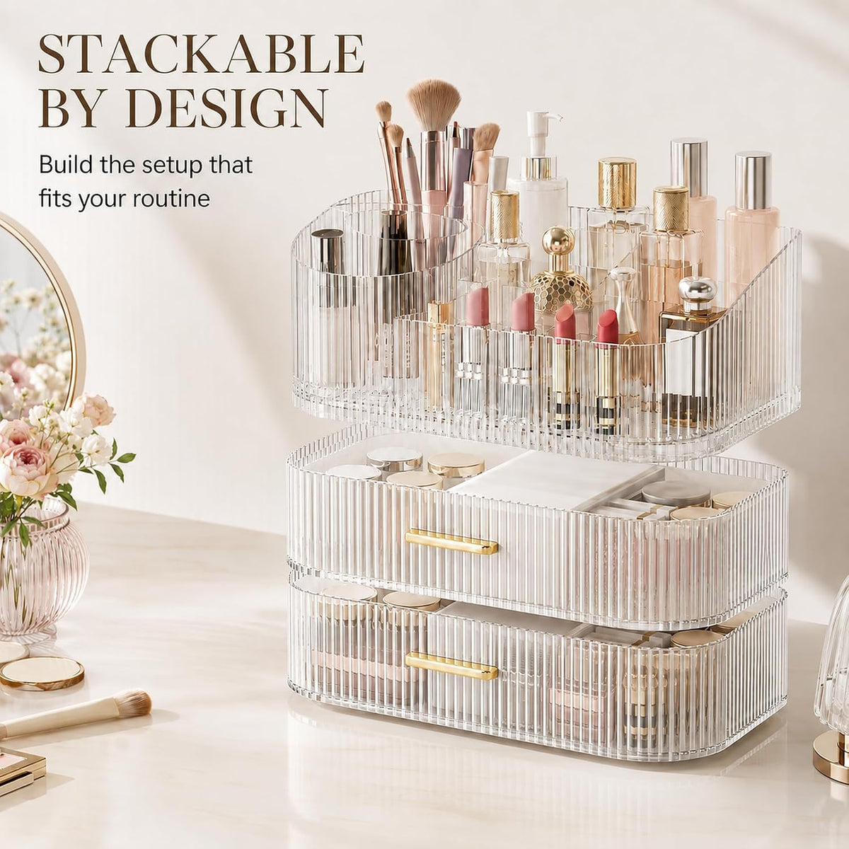 360° Rotating Makeup Organizer with Drawer, Clear Acrylic Cosmetic Storage Display, Stackable Beauty Counter (Clear, Large (Tray + 1 Drawer))