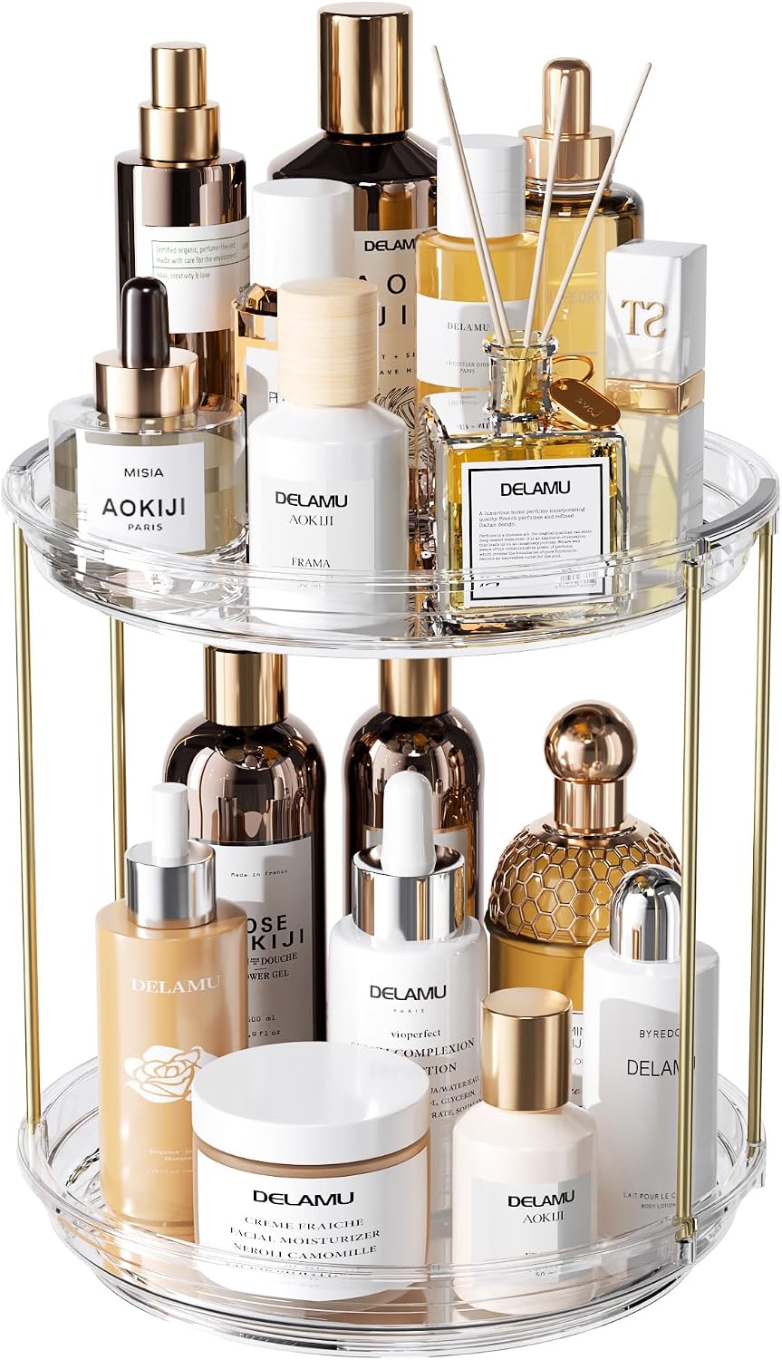 Delamu Rotating Makeup Organizer for Vanity, 2 Tier Bathroom Counter Organizer with Stackable Design, Spinning Skincare Organizer for Bathroom Countertop, Perfume Cosmetic Storage, Clear