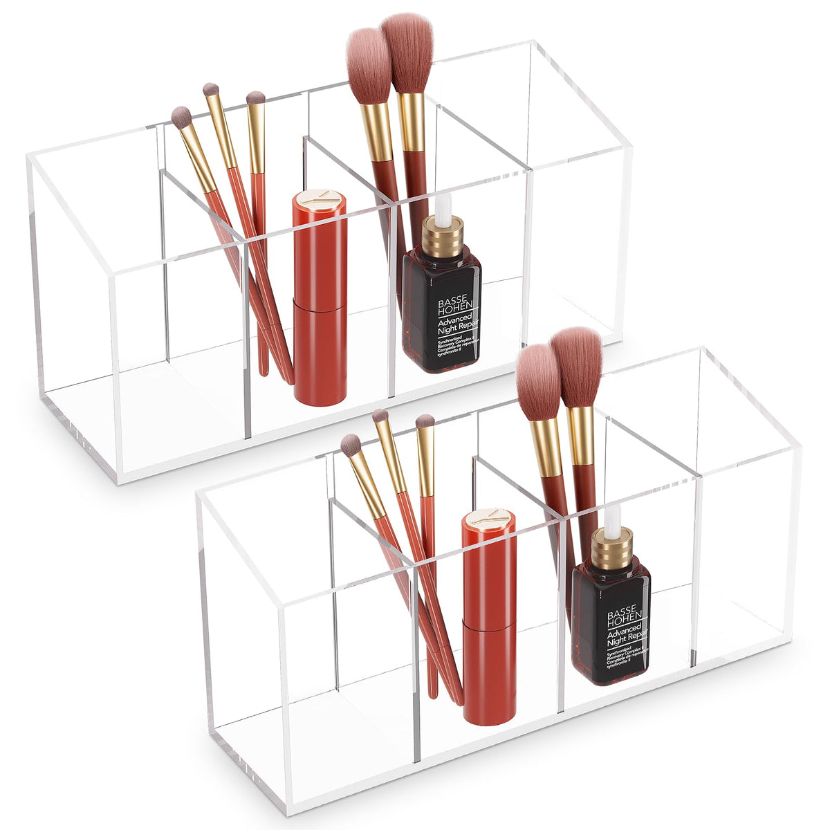 Acrylic 6-Compartment Makeup Organizer 2PCS, Transparent Plastic Makeup Brush Holder, Perfect Bathroom Vanity Storage Solution for Makeup Brushes, Eyebrow Pencils, and More