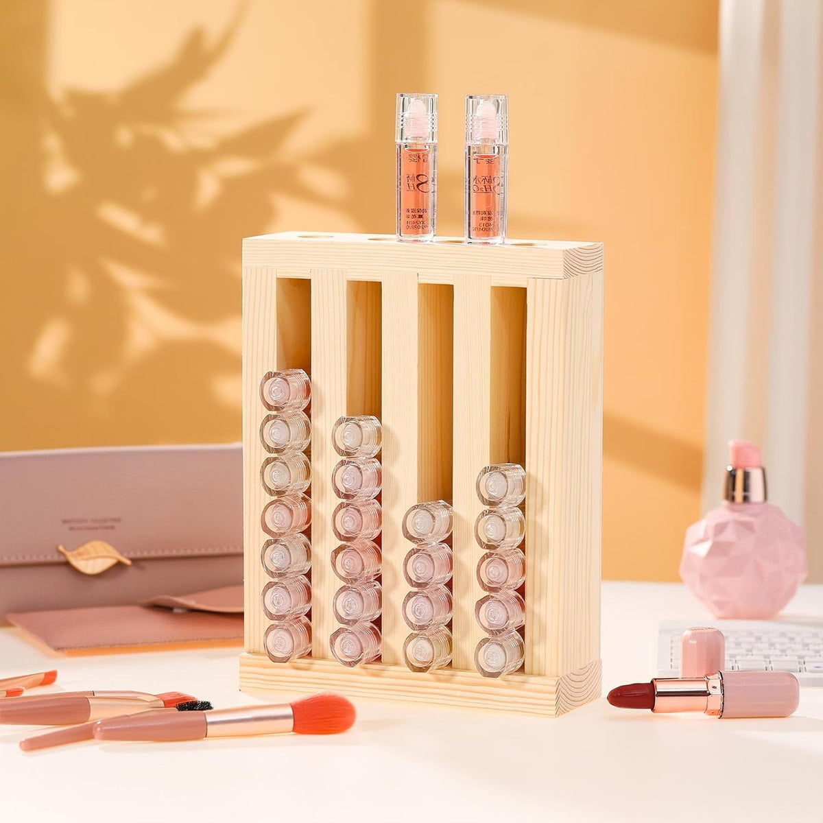 1 Pcs 4 Slot Lip Balm Display 0.7" Wooden Lipstick Holder, Wood Color