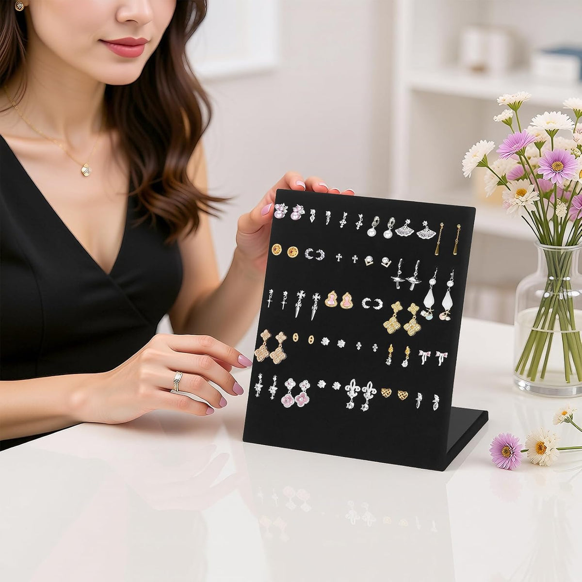 KUKUVR L-Shaped Velvet Earring Display Stand (Black 60 Holes)