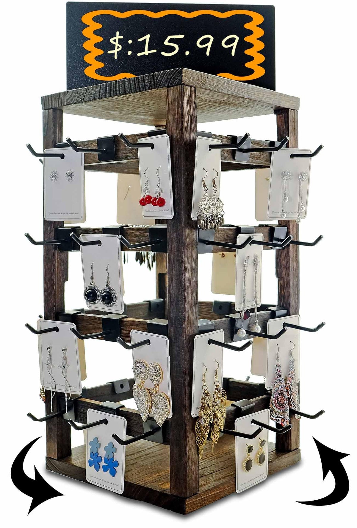 Rotating Jewelry Stand-48 Removable Hooks & Ad Board For Vendor(Brown)