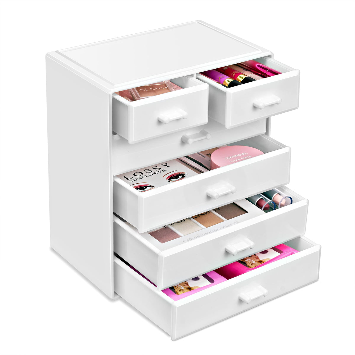 Sorbus Makeup Organizer, Brush Holder and Make Up Storage Drawers - Acrylic Makeup organizer for vanity, Bathroom - Cosmetic Display Cases with 3 large, 4 Small Drawers & 1 Tray for Makeup Brush