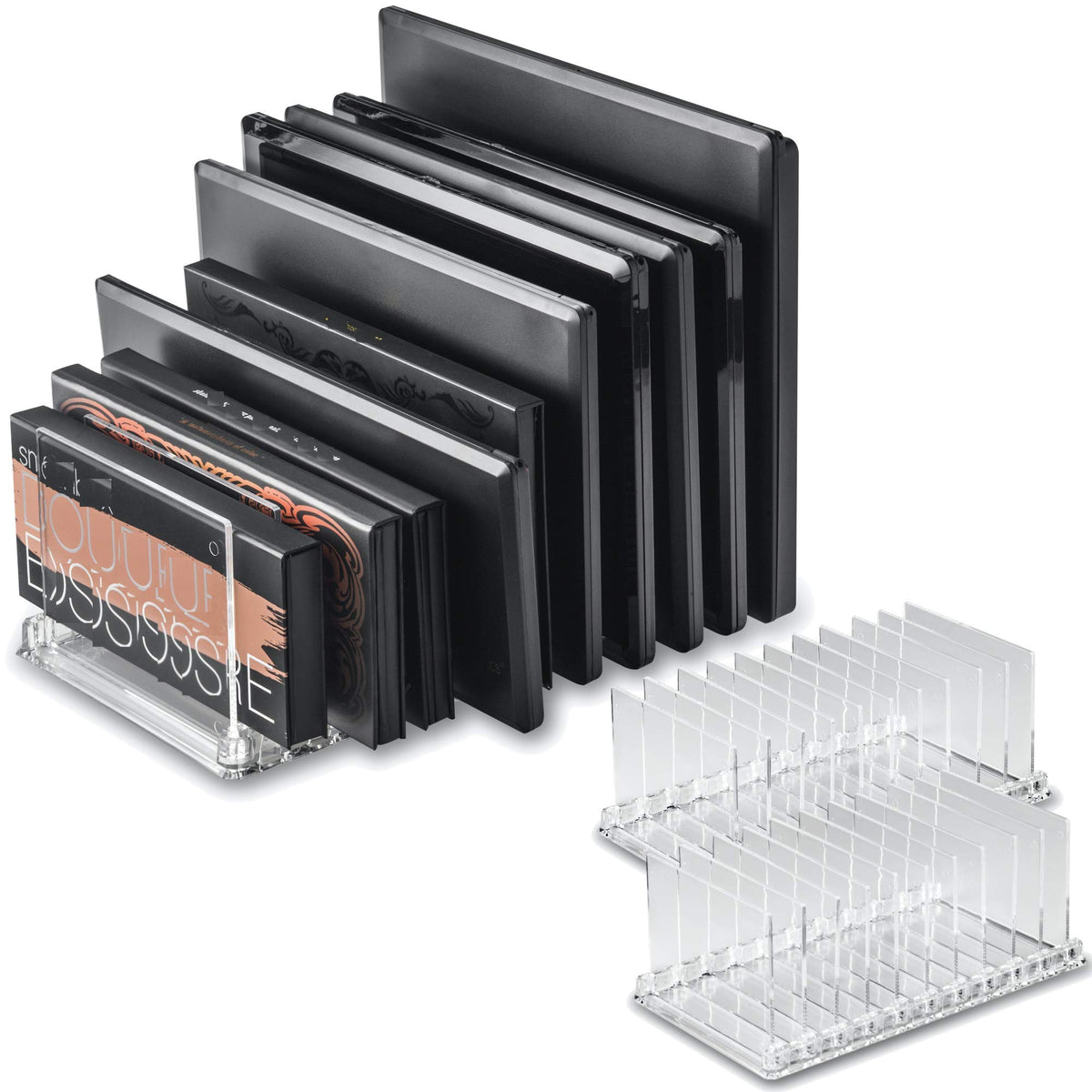 byAlegory Acrylic Makeup Eyeshadow Palette Organizer W/ Removable Dividers | 10 Space Vanity Desk Storage Fits All Palette Sizes - Clear
