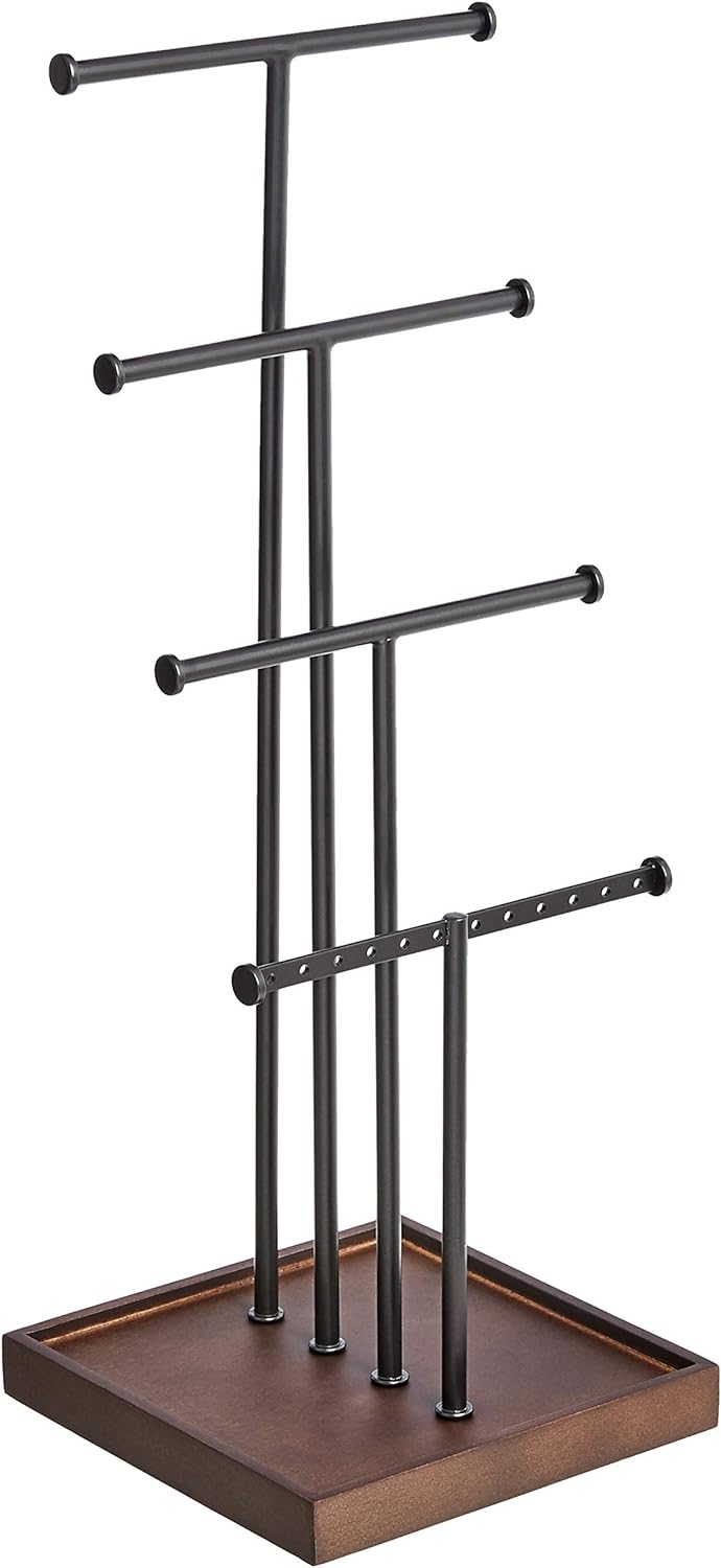Amazon Basics Four-Tier Jewelry Organizer Tree Stand, Necklace Earring Bracelet Holder with Ring Storage, White/Brass