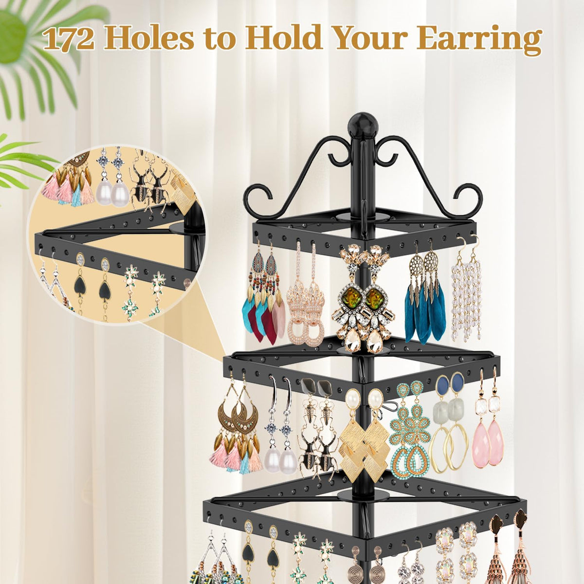 MODOWEY Rotating Earring Holder Organizer Stand Metal Display, 4 Tier Black