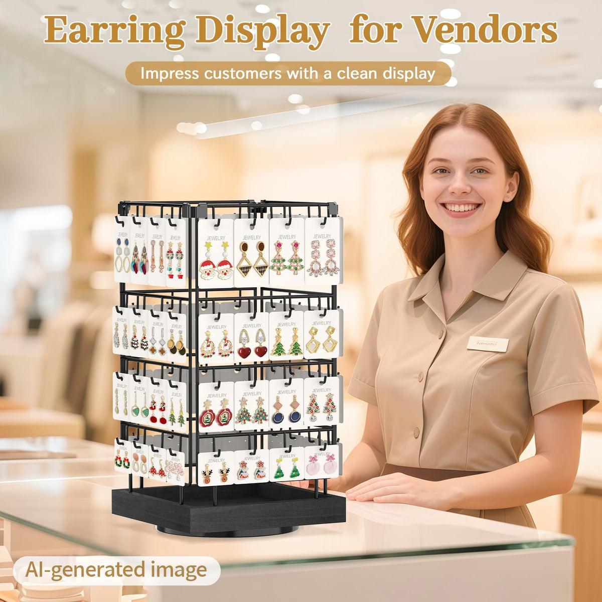 MODOWEY 360° Rotating Earring Cards Organizer Holder Stands, 64 Hooks Brown