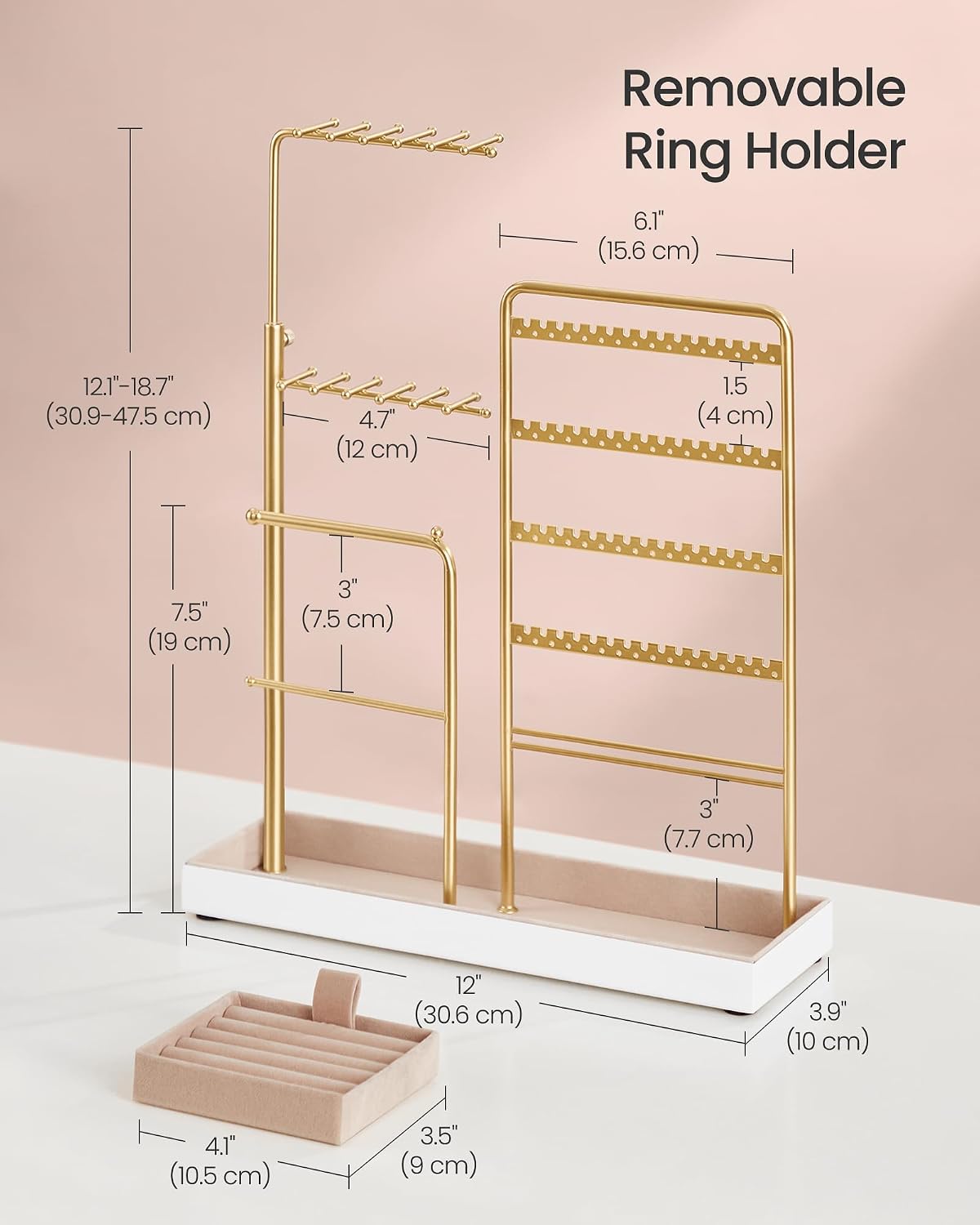 SONGMICS Jewelry Holder, 12.1 to 18.7 Inches Height Adjustable Stand