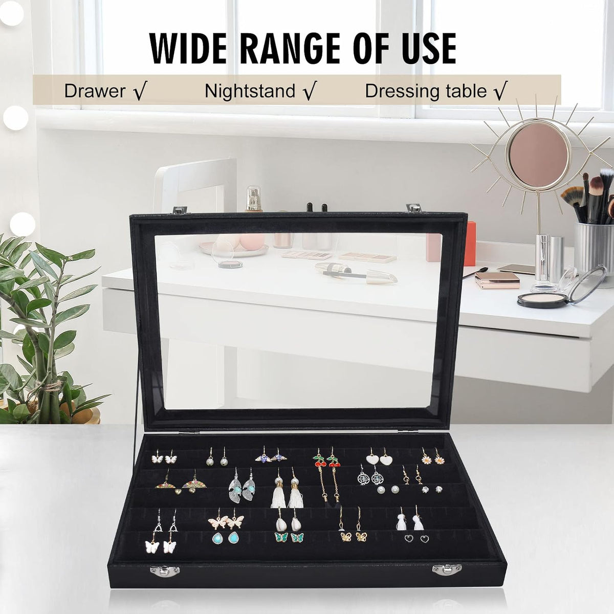 Siveit Earring Organizer Tray Velvet Earring Display Organizer Storage Box Premium 110 Slot 55 Pair Earring Display Organizer with Transparent Glass Cover Suitable for Women and Girls (Black)