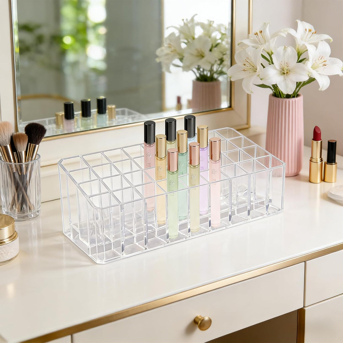 Rollerball Perfume Organizer, 36 Spaces Acrylic Fragrance Organizer Travel, Lipstick Organizer Lipgloss Holder, Clear