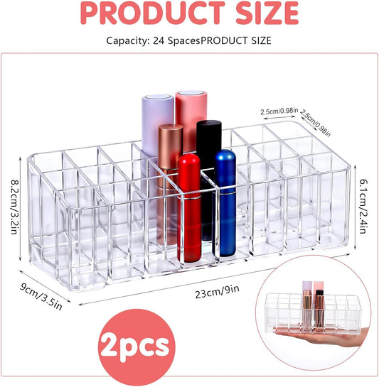 2 pcs Rollerball Perfume Organizer, 48 Spaces Clear Acrylic Perfume Storage Holder Beauty Scent Holder, Makeup Lipgloss Lipstick Display Case