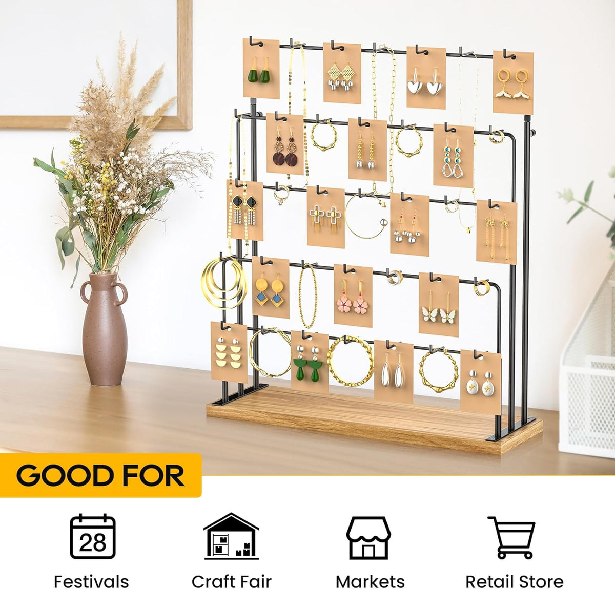 ORLESS Jewelry Display for Vendors,35 Hooks Earring Display Stand for Selling, Necklace Display Holder for Selling, Earring Cards Organizer for Bracelets, Rings, Jewelry Towers, Original Wood