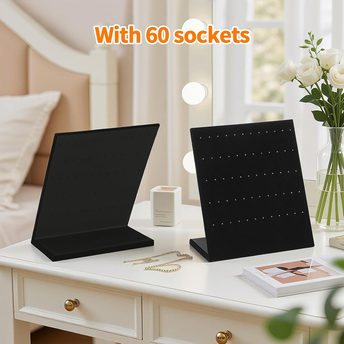 KUKUVR L-Shaped Velvet Earring Display Stand (Black 60 Holes)