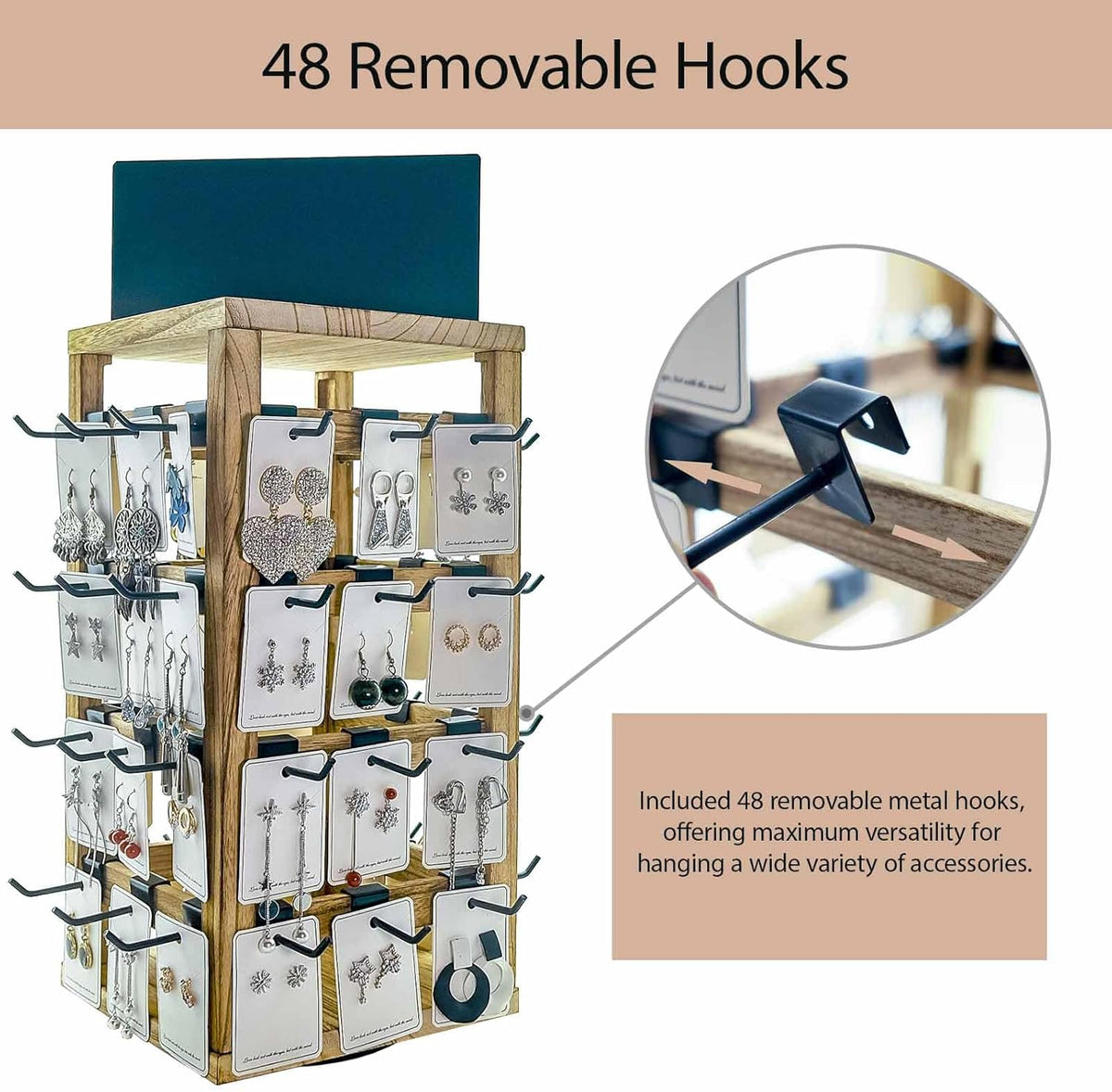Rotating Jewelry Stand-48 Removable Hooks & Ad Board For Vendor(Brown)