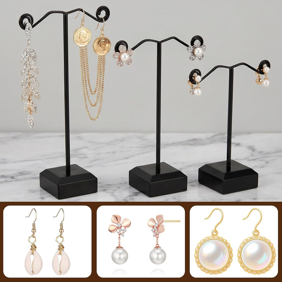 24 Pcs Metal Earring Holder, 3 Heights T-Bar Earring Display Stand with Plastic Base for Hoop & Stud Earrings, Black Jewelry Organizer for Retail Store, Trade Show, Craft Fair, and Home Use