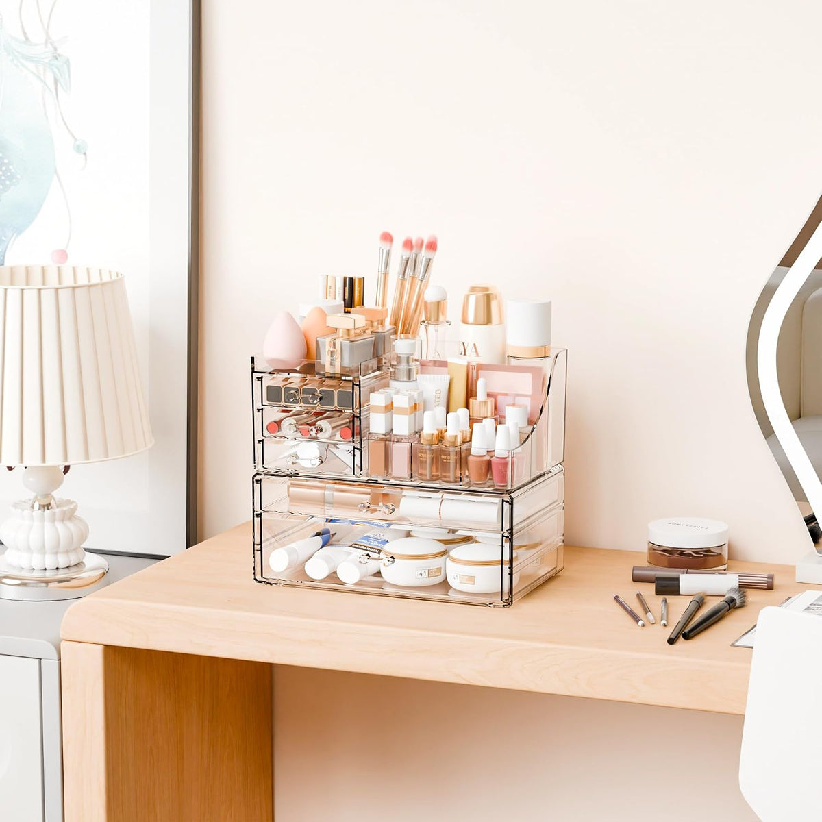 Yieach 2 Pack Clear Makeup Organizer Countertop for Dresser,Vanity and Bathroom Counter Organizer,Tiered Stackable Makeup Acrylic Organizers with 5 Drawer for Skincare,Brush and Make up Holders