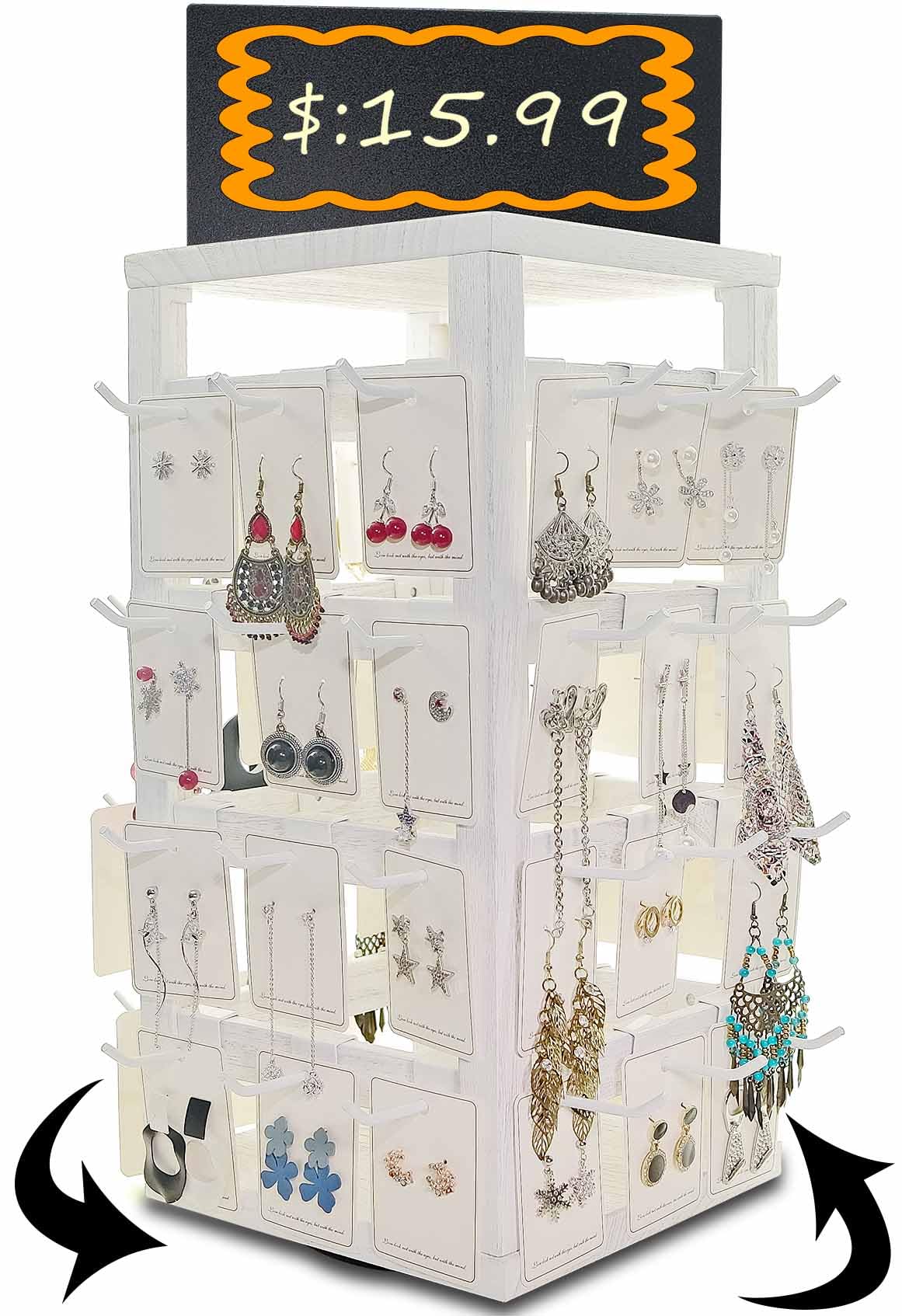 Rotating Jewelry Stand-48 Removable Hooks & Ad Board For Vendor(Brown)