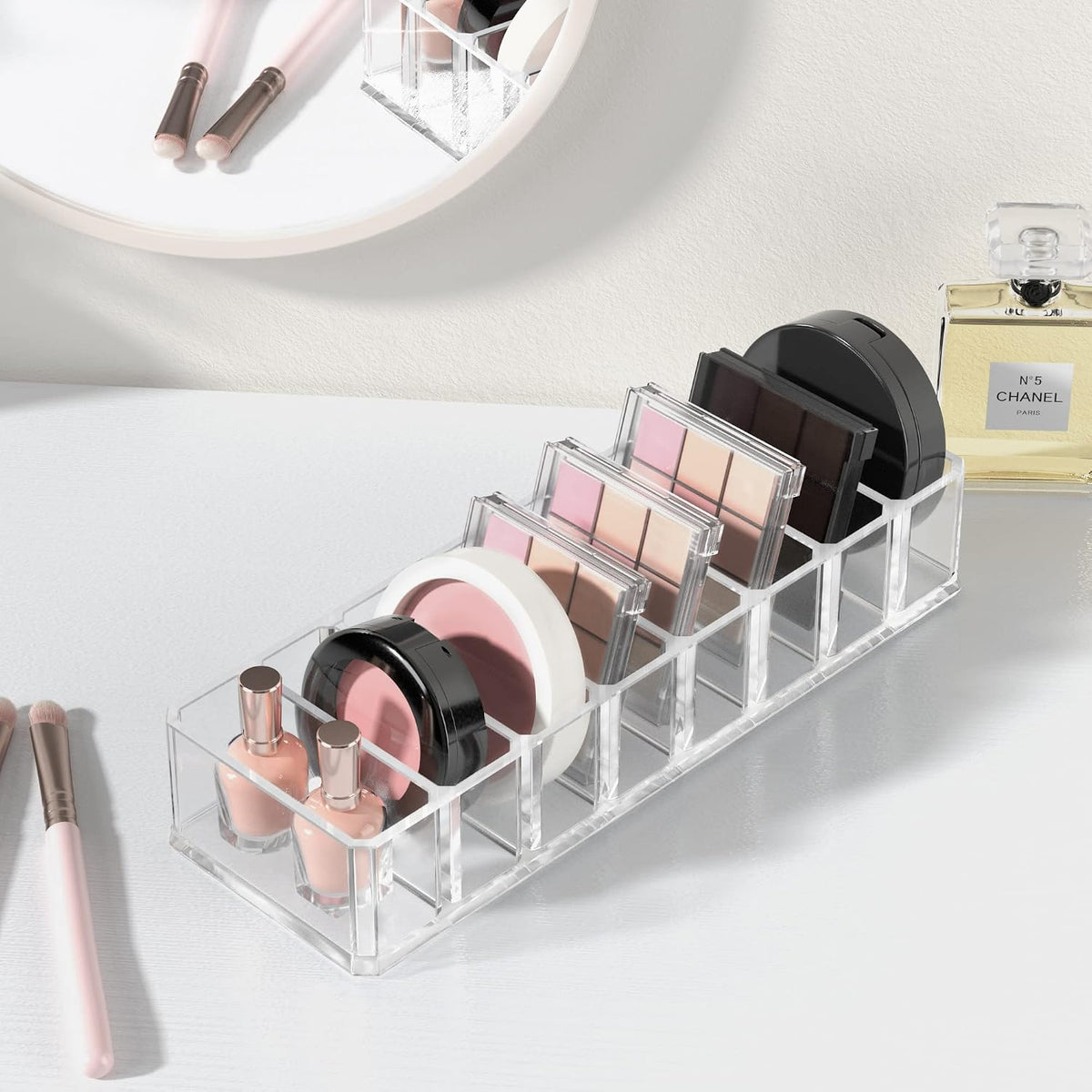 HBlife 2 Pack Clear Acrylic Makeup Compact Organizer, 8 Spaces Vanity Organizer Stand Eyeshadow Pallet Storage for Lipstick Bronzer Powder Highlighter, Skincare Cosmetic Display Cases for Bathroom
