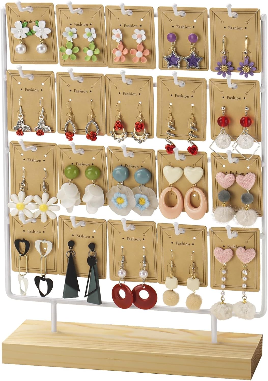 4 Tier and 20 Hooks Wood & Metal White Earrings Holder