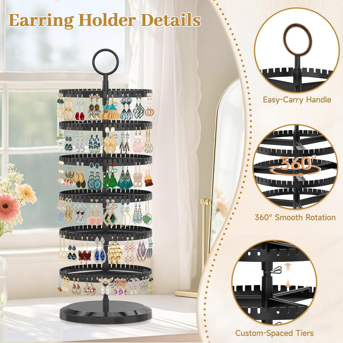 MODOWEY Rotating Earring Holder Organizer Adjustable Display, 6 Tiers Black