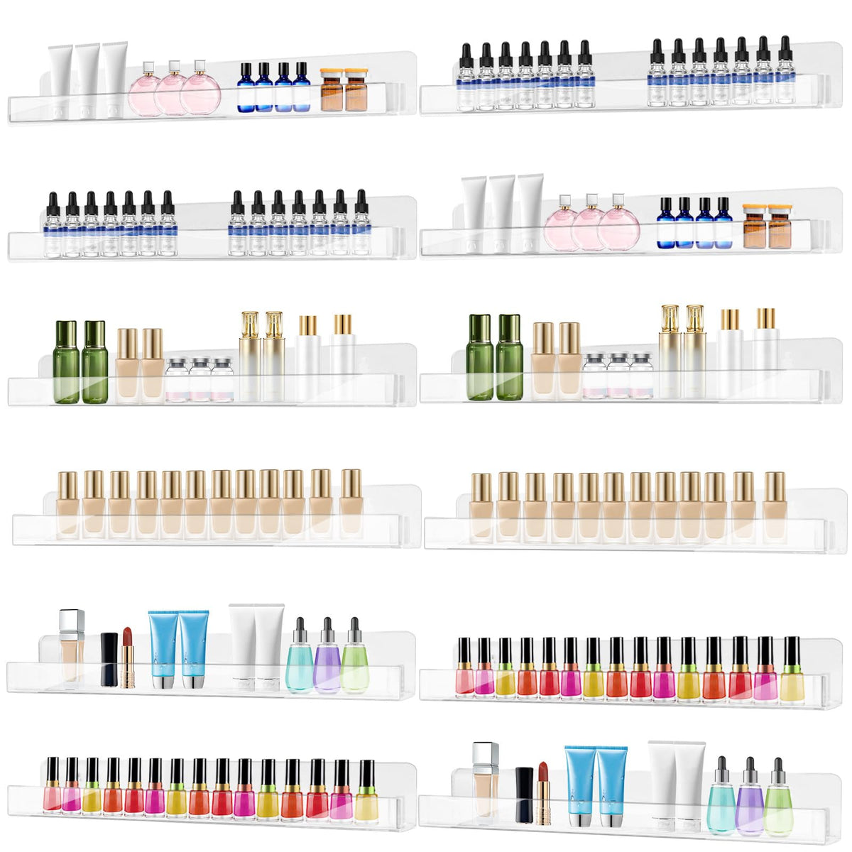6-Pack Acrylic Nail Polish Wall Rack, 15 Inch Clear Nail Shelves