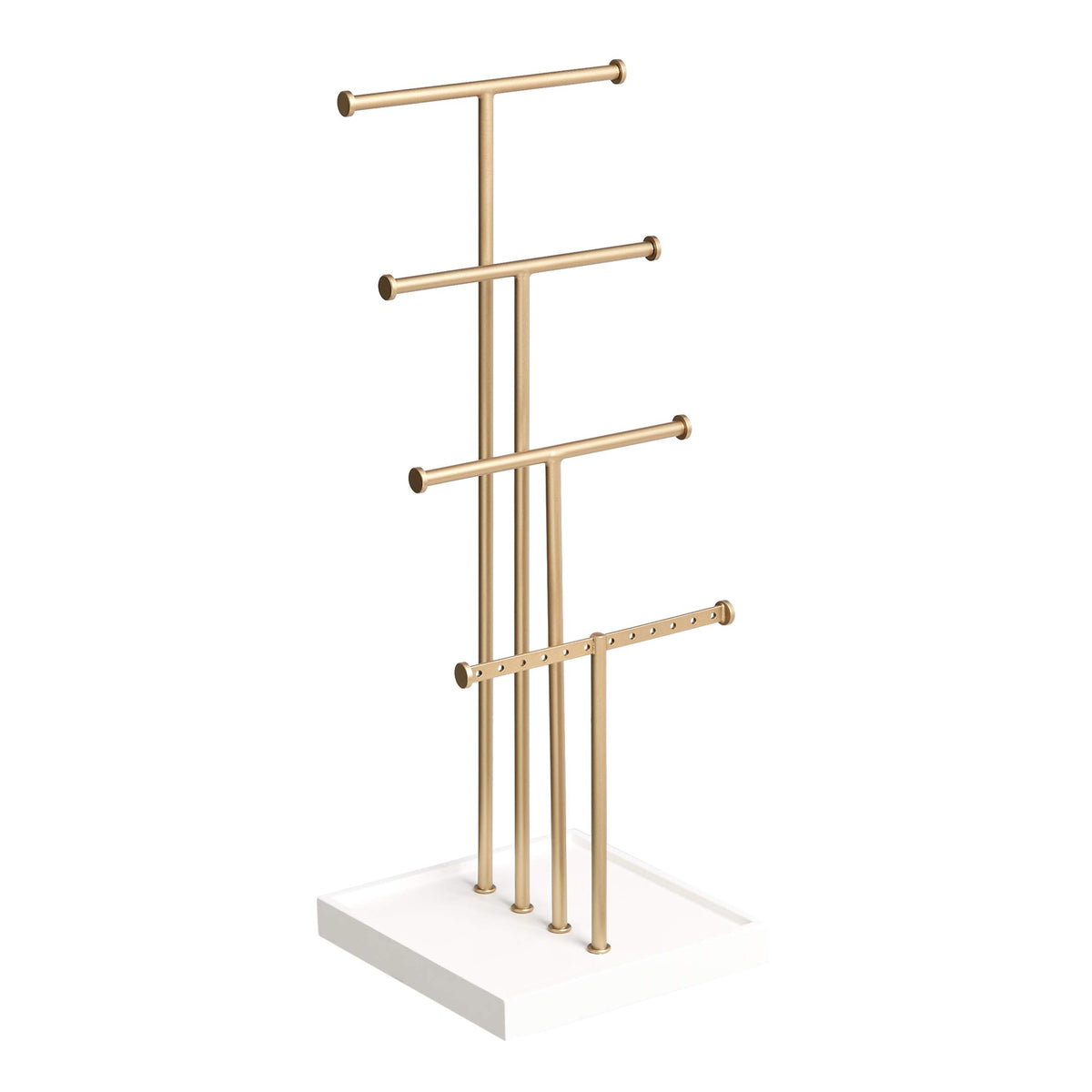 Amazon Basics Four-Tier Jewelry Organizer Tree Stand, Necklace Earring Bracelet Holder with Ring Storage, White/Brass