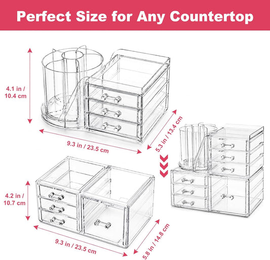 2-Tier Acrylic Makeup Organizer, 360° Rotating Brush Holder & 7 Drawers