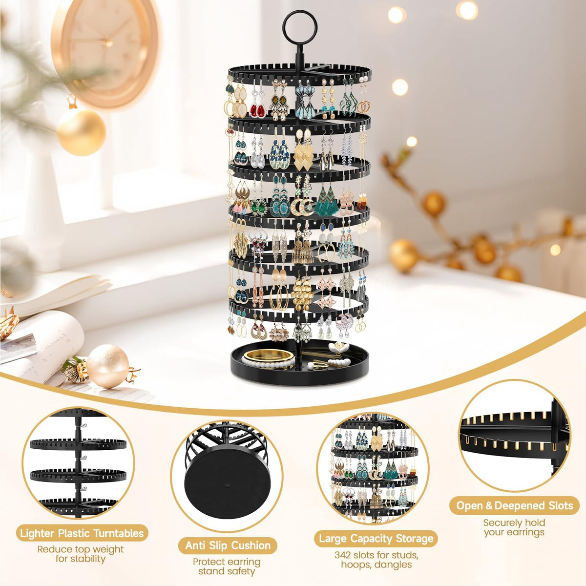 MODOWEY Rotating Earring Holder Organizer Tree Display Stand, 6 Tiers Black
