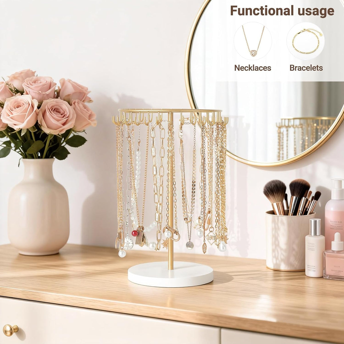 Mkono Necklace Holder Organizer, 30 Hooks Gold Jewelry Display Tree Stand