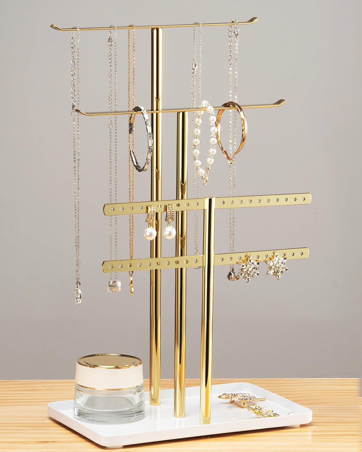 pickpiff Jewelry Stand Holder Organizer: 14.5" Sturdy Hanger for 80 Pcs Jewelry, Gift for Women, Gold Jewlery Tower for Necklace, Earring, Bracelet