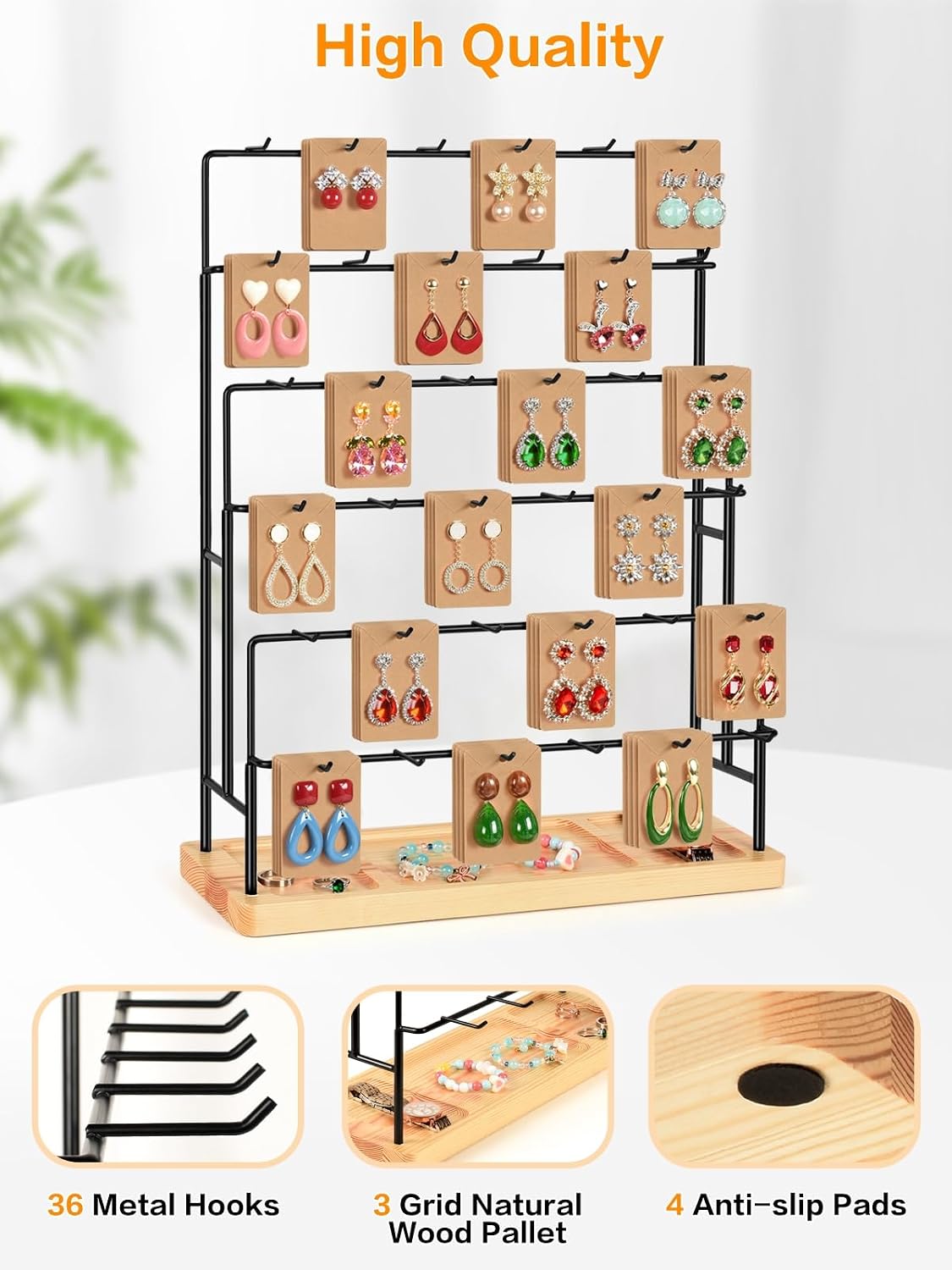 Jewelry Display for Vendors, 36 Hooks Earring Display Stands for Selling, Earring Holder Organizer for Earring Cards, Bracelets, Necklaces, Rings, Keychains Retail-Burlywood