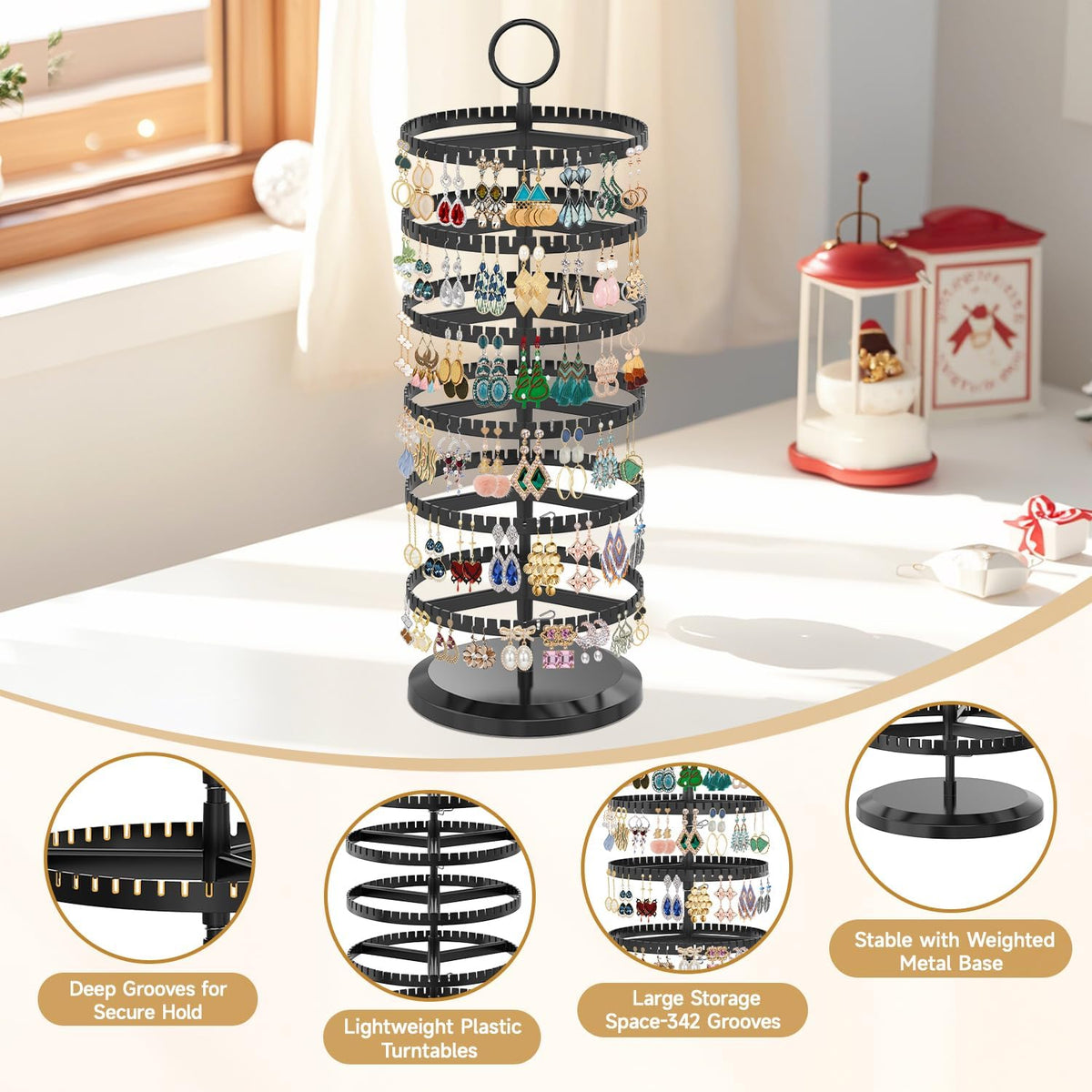 MODOWEY Rotating Earring Holder Organizer Adjustable Display, 6 Tiers Black