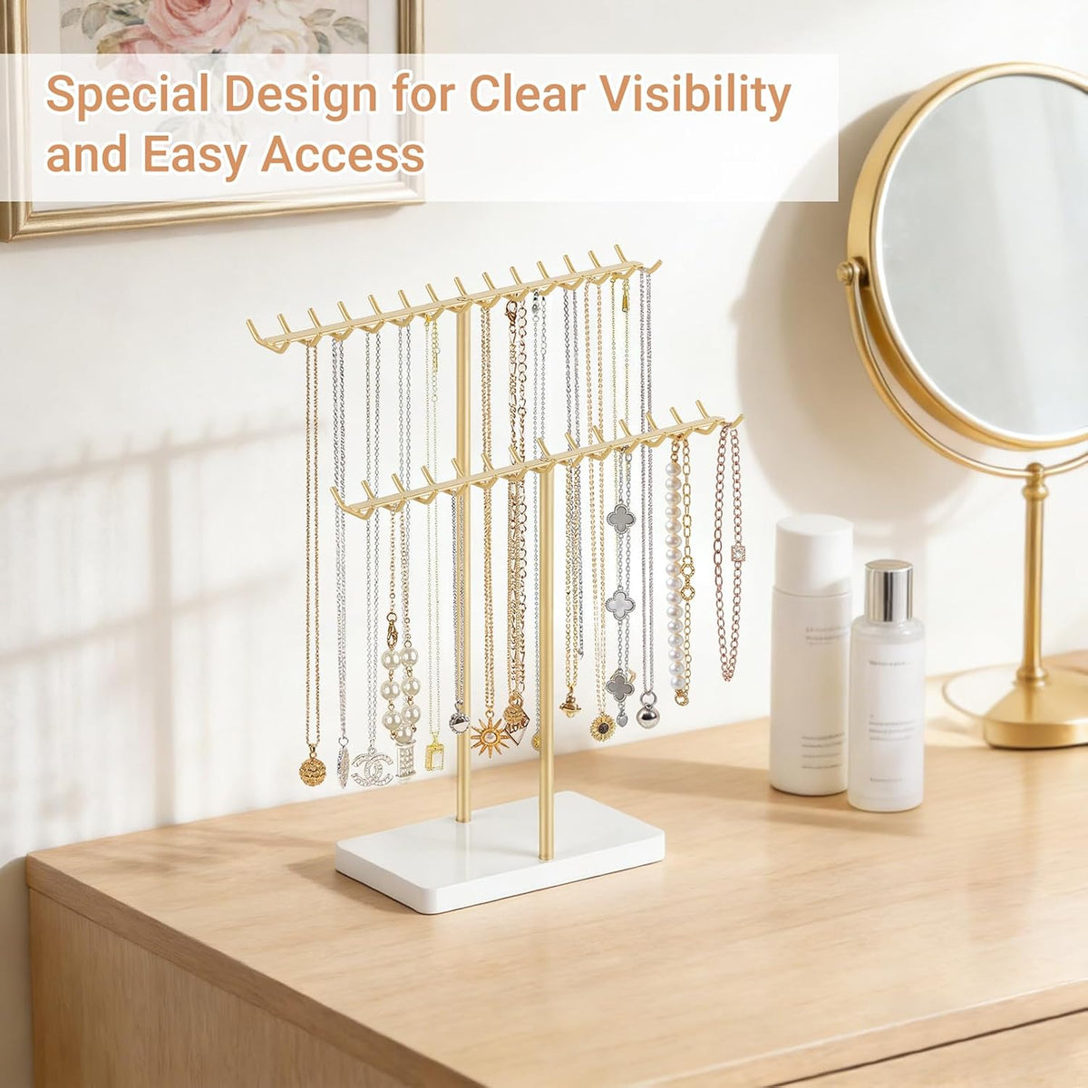 Mkono Necklace Holder Organizer, 2 Tier Gold Jewelry Display Stand Rack