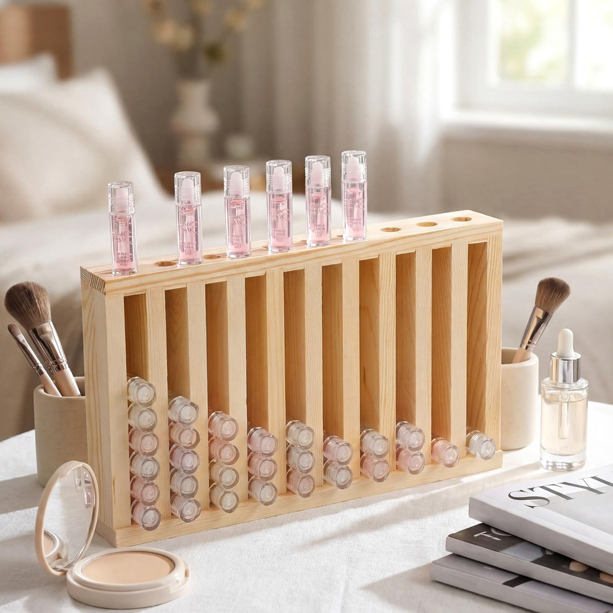1 Pcs 4 Slot Lip Balm Display 0.7" Wooden Lipstick Holder, Wood Color