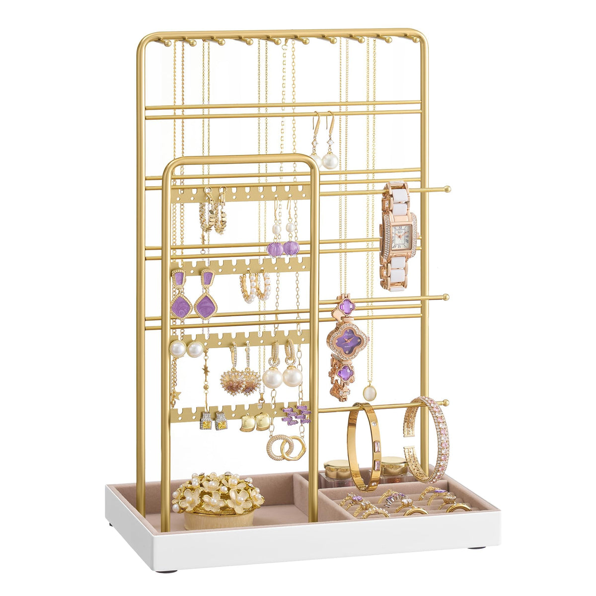 SONGMICS Jewelry Holder, Display Stand, Metal Frame, Velvet Tray