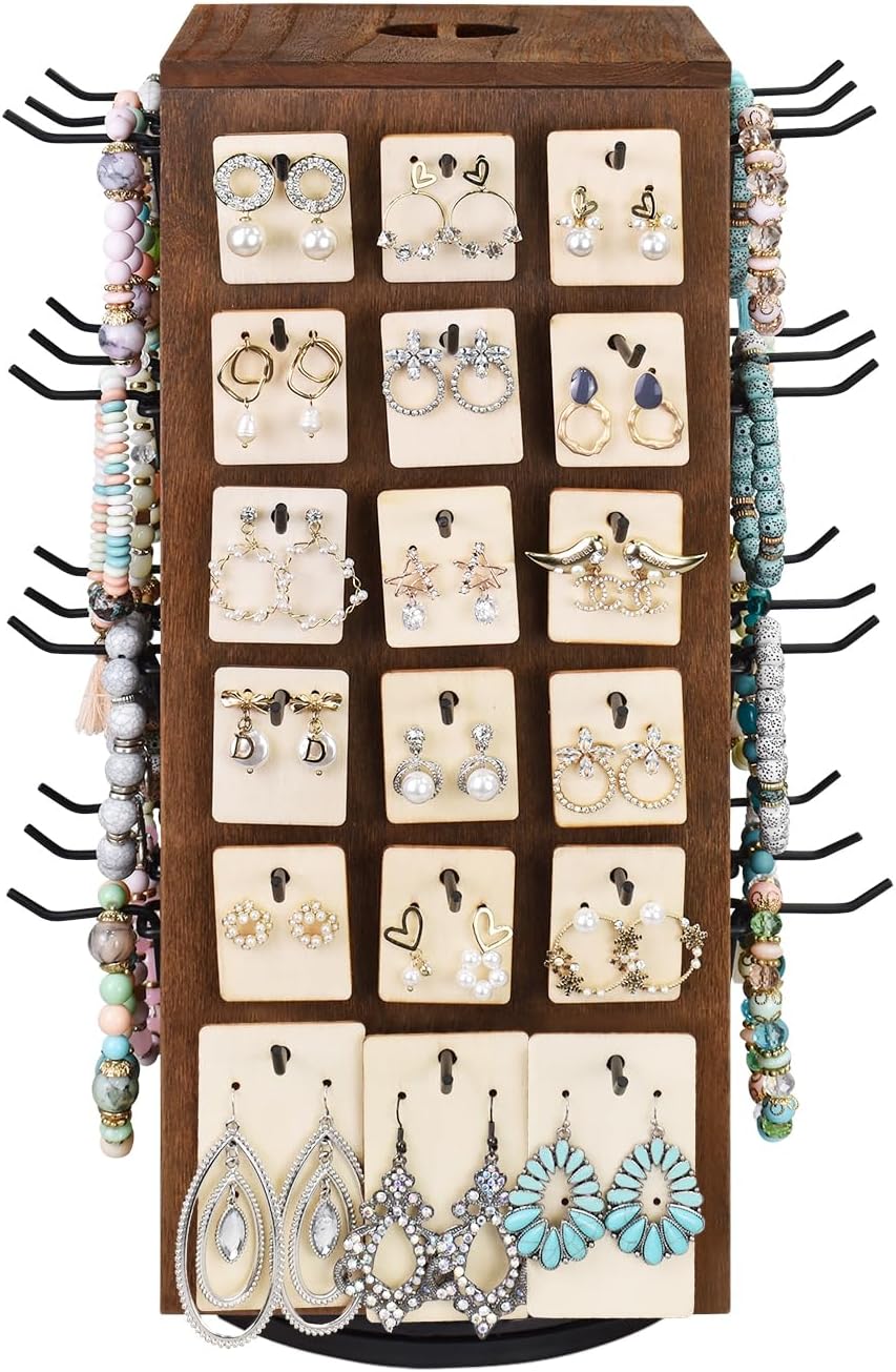 MOOCA Rotating Wooden Jewelry Display with 48 Hooks, Brown