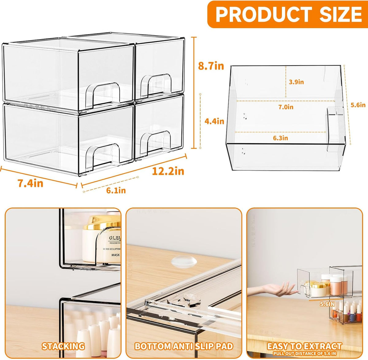 Yieach 4 Pack Clear Stackable Storage Drawers,4.4'' Tall Acrylic Drawers