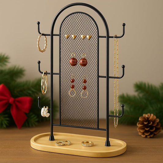 bussdis Jewelry Holder Organizer Earring Display - Earring Storage Tree Stands Towers With 6 Hooks 300 Studs Wood Tray Black Metal Rack