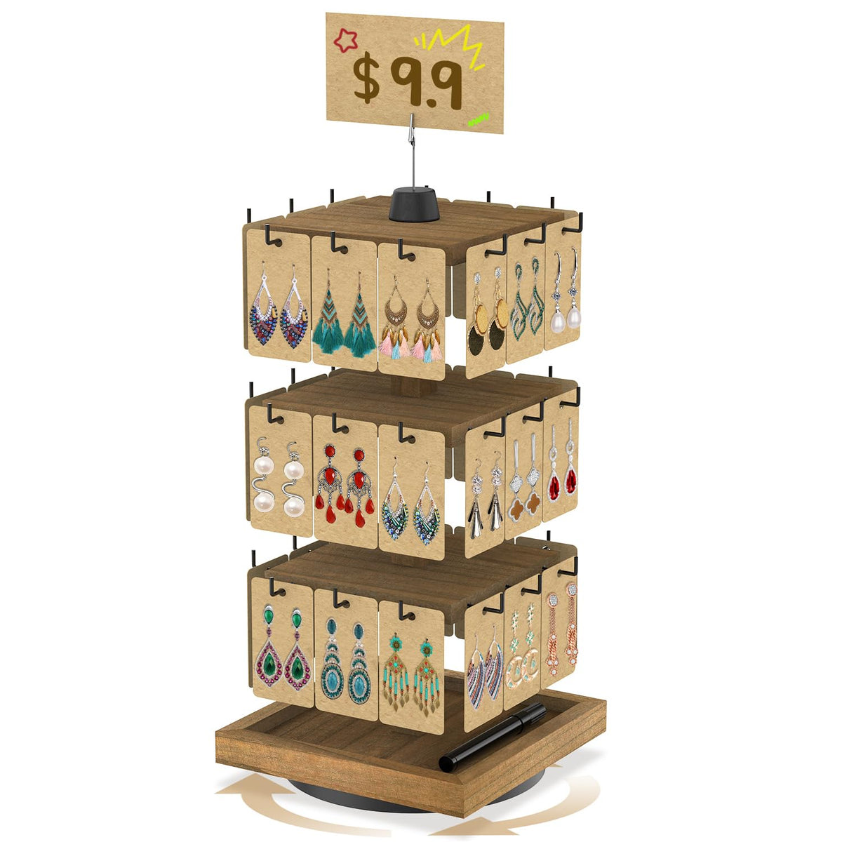 MODOWEY 360° Rotating Earring Cards Organizer Holder Stands, 64 Hooks Brown
