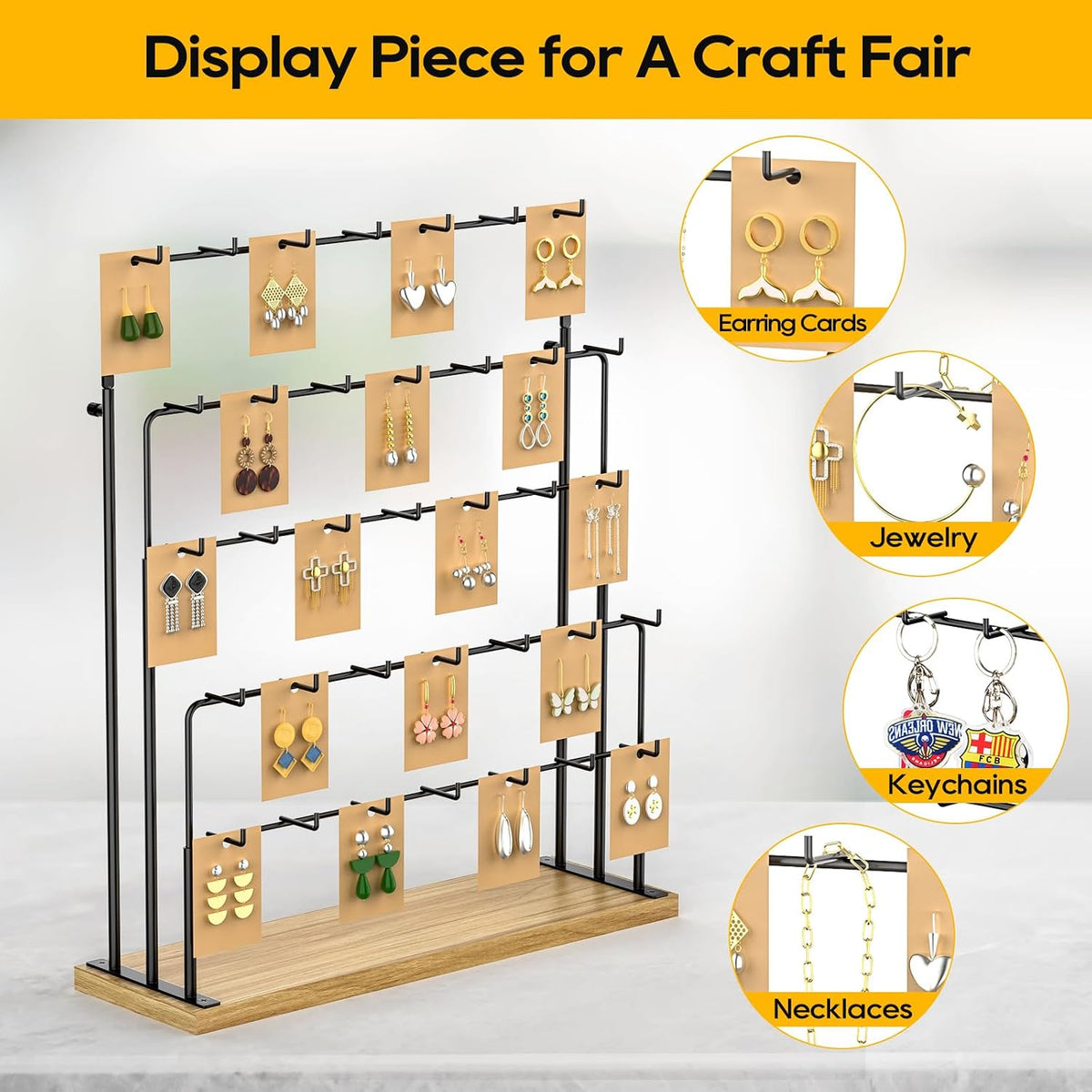 ORLESS Jewelry Display for Vendors,35 Hooks Earring Display Stand for Selling, Necklace Display Holder for Selling, Earring Cards Organizer for Bracelets, Rings, Jewelry Towers, Original Wood