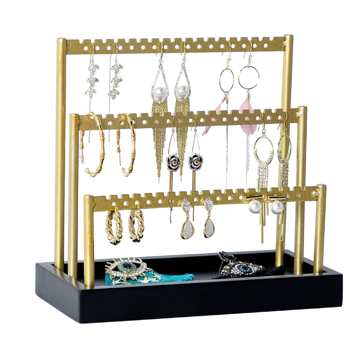 SANY DAYO HOME 3-Tier Earring Holder Organizer Stand, 105 Holes Gold Metal Earring Rack Jewelry Display Tree with White Wood Tray for Women and Girls