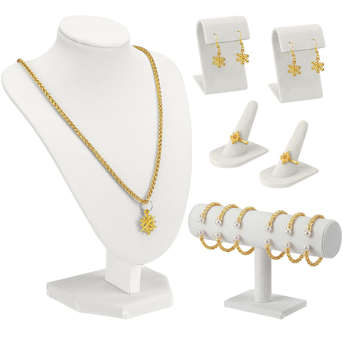 Wenqik Velvet Jewelry Display Set Necklace Mannequin Bust T-Bar Bracelet Holder 2 Earring Stands 2 Ring Holders for Showcase (White)