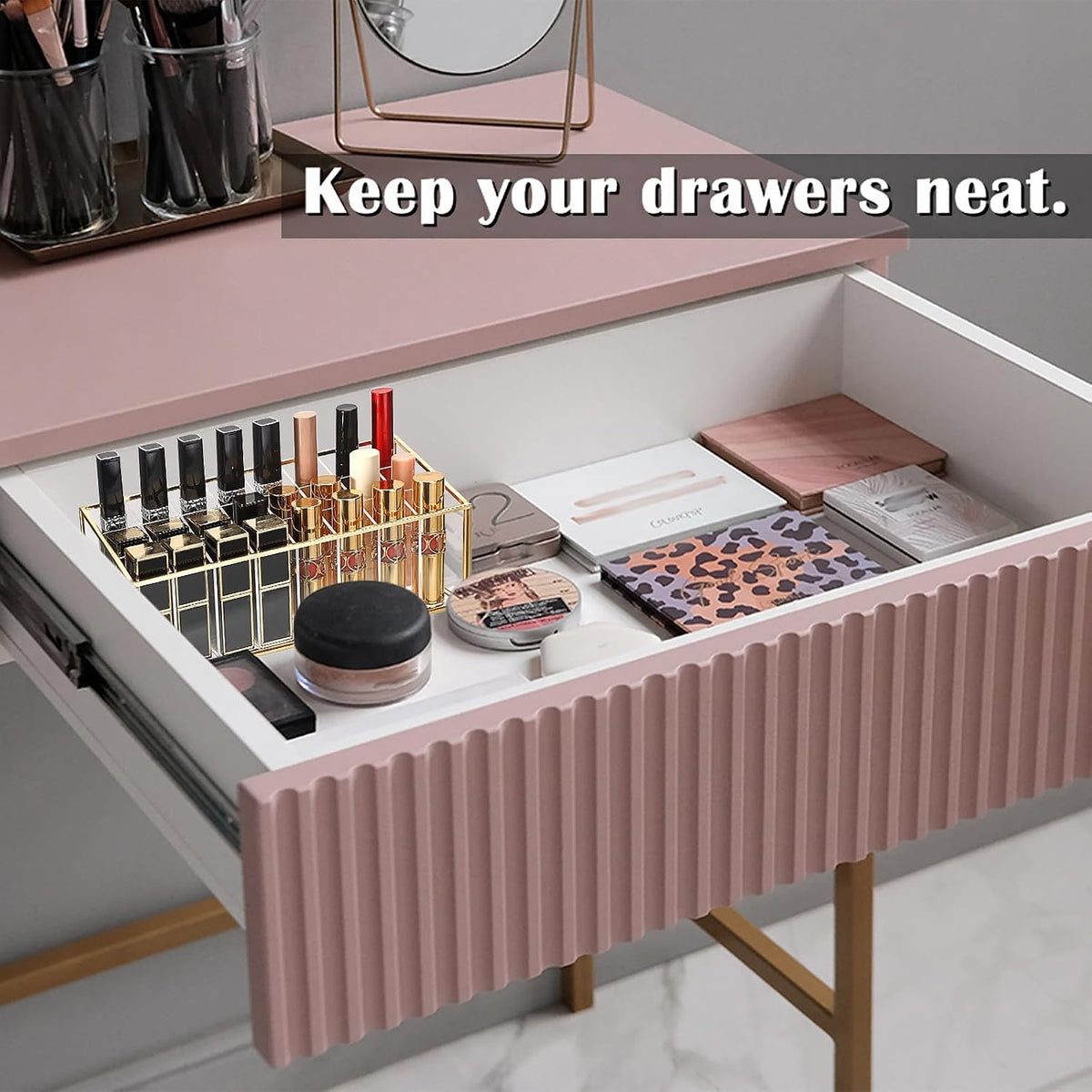 ELLDOO Rollerball Perfume Organizer, 24 Acrylic Spaces Glod Glass Perfume Storage Holder Beauty Scent Holder, Makeup Lipgloss Lipstick Display Case