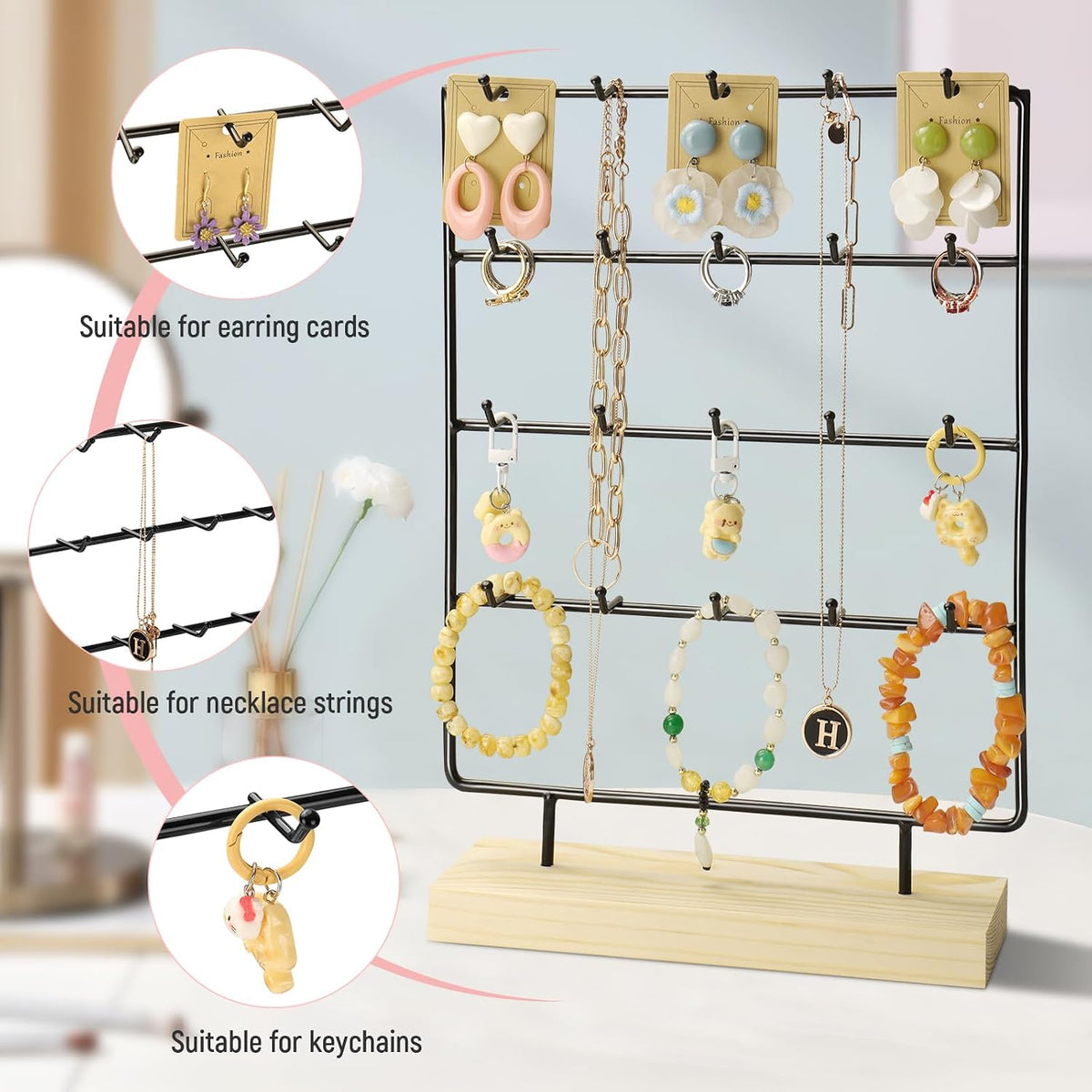 Earring Display Stands for Selling 4 Tier 20 Hooks Jewelry Display Wooden Base Earring Holder Organizer Display Stand for Earings Necklaces Rings Bracelets Keychains (Black)