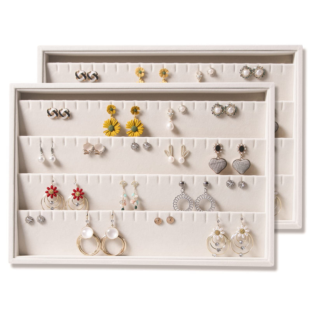 Coward 2PC Stackable Earring Tray Drawer Jewelry Holder Organizer Box Storage Earring Display Stand for Selling (beige(earring+earring))