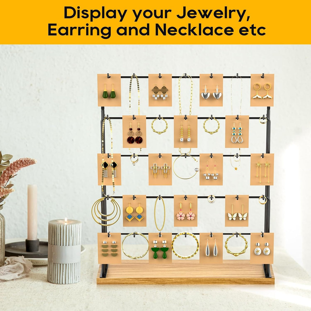 ORLESS Jewelry Display for Vendors,35 Hooks Earring Display Stand for Selling, Necklace Display Holder for Selling, Earring Cards Organizer for Bracelets, Rings, Jewelry Towers, Original Wood