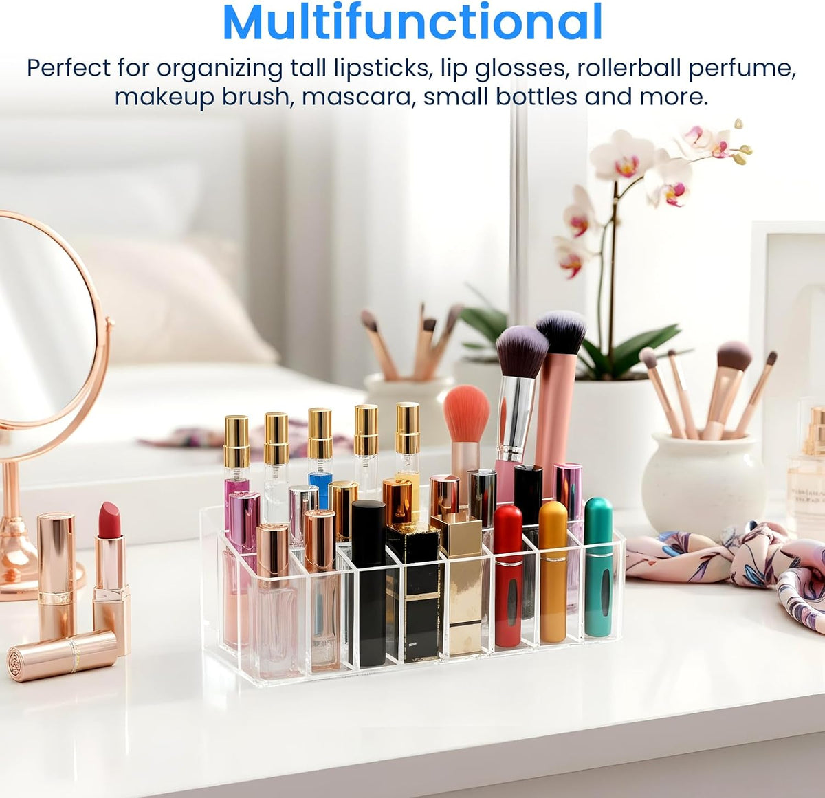 4 Pcs Perfume Organizer, 24 Slots Clear Acrylic Lipstick Organizer, Perfume Storage Holder for Vanity, Makeup Display Case for Lip Gloss Brushes Mascara