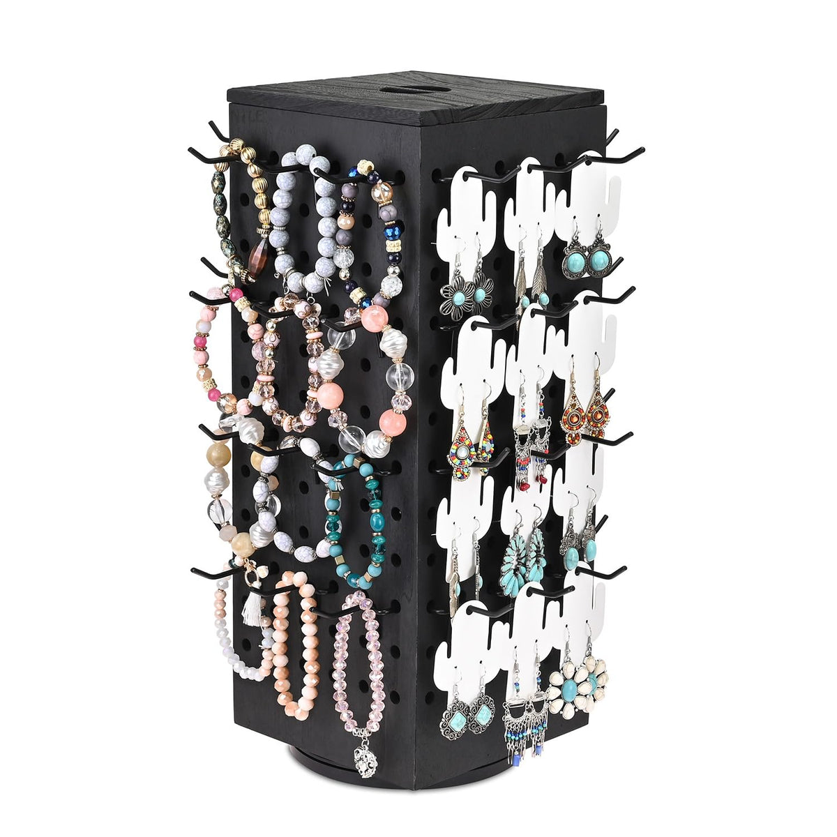 MOOCA Rotating Wooden Jewelry Display with 48 Hooks, Brown